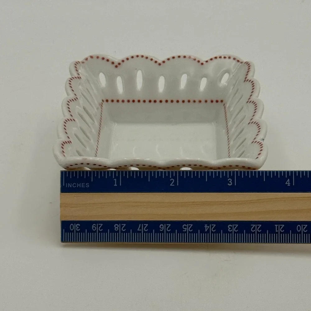 Andrea by Sadek Williamsburg Reticulated Porcelain Trinket Dish White Red Dot